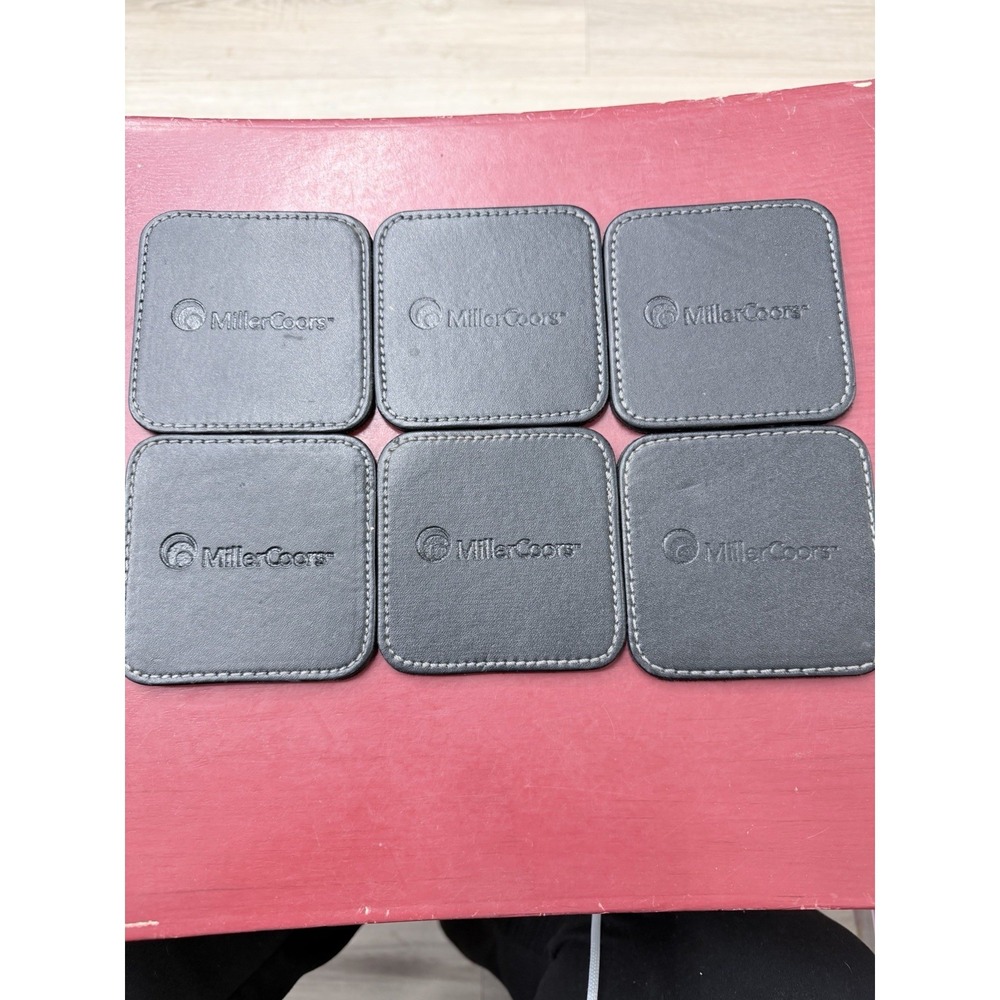 Vintage Style MillerCoors Black Leather Drink Coasters Felt bottom Set Of 6